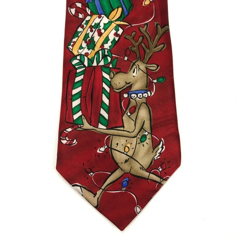 Noel Christmas Tie Holiday Reindeer Gifts String Light Holiday 100% Silk Necktie